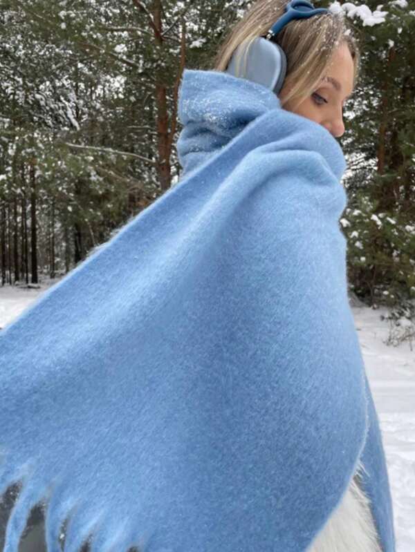 1 pieza Bufanda de unicolor, cuello cálido de invierno, chal grueso de lana tejida con flecos, se puede usar
