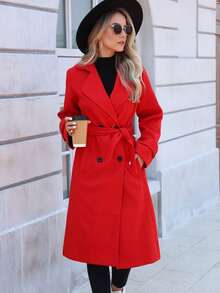 Damen Neuer einfarbiger langer Freizeitmantel mit Doppeltaschen und Gürtel, geeignet für Partys, Alltag, formelle Abendanlässe im Herbst/Winter