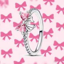 新款925银戒指，镶嵌闪亮粉色立方氧化锆蝴蝶结，正品S925银结婚戒指，精致珠宝礼品，女士之选。 - 淺粉色 - 查看 4