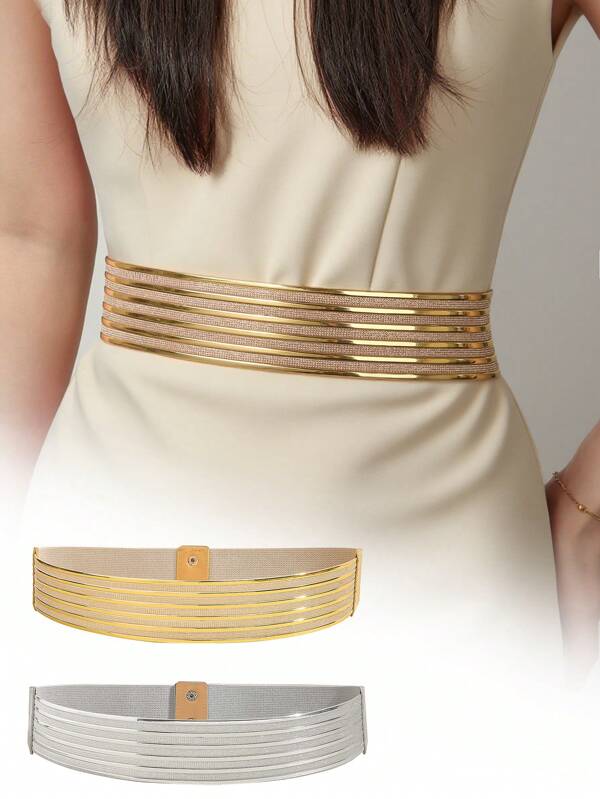 1 pezzo Cintura elegante e semplice da donna in colore unito con fibbie doppie in metallo dorato, vita elastica, versatile per abiti, camicie, giacche, adatta per autunno, Ognissanti