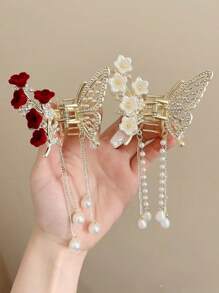 1 件镂空蝴蝶珍珠流苏发夹，时尚百搭发饰，适合日常佩戴，爪夹秋冬发饰，适合女士度假装