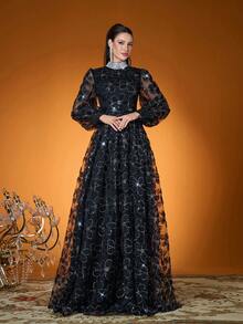 3D Floral Embroidered Pearl Collar Lantern Sleeve Elegant High Neck Illusion Prom Dress, Suitable For Prom, Wedding, Party, Wedding Guest, Evening Gown - Black - View 4