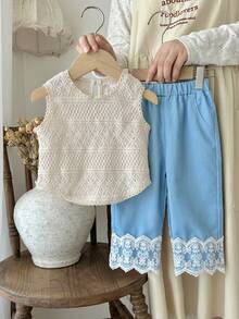 2pcs/Set Baby Girl Knitted Vest And Lace Trim Wide Leg Pants, Cute & Elegant Style - Apricot - View 4