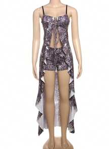 Street Fashion Print Tie Top Match Short 2 Pieces Women's Set