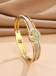 1pc 18K Gold Plated Stainless Steel Fashion Tree Of Life Bracelet, Elegant Accessory