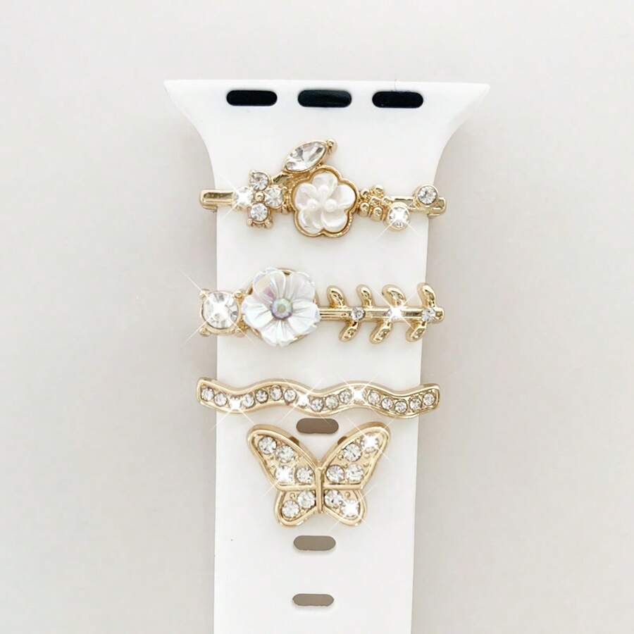 1 pieza Accesorio de banda de reloj inteligente de mujer con nuevo diseño de mariposa, flores y cristales de aleación de zinc, compatible con Apple Watch Ultra/SE/9/8/7/6/5/4/3/2/1 de 38/40/41/42/44/45/49mm