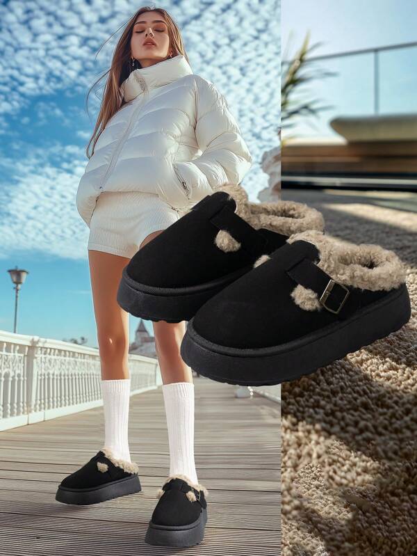 Zuecos de mujer de invierno nuevos con slip-on negra, pantuflas de nieve con plataforma impermeable, suela gruesa y hebilla de correa, material, aumento de altura, talla grande