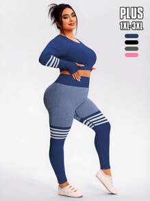 TCVC Plus Size Women's Seamless Fashion Striped Contrast Color Sports Set, Long Sleeve + Long Pants Set, High Elasticity High Waist Slimming Peach Hip, Skin-Friendly Breathable Sweat-Wicking, Yoga Fitness Travel Versatile Fashion Set