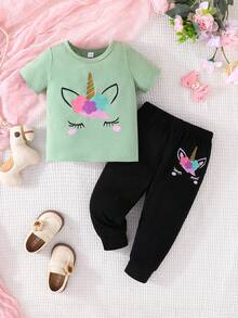 Baby Girl 2pcs Simple Casual Unicorn Printed Short Sleeve T-Shirt And Long Pants Combo Set For Spring/Summer - Multicolor - View 2