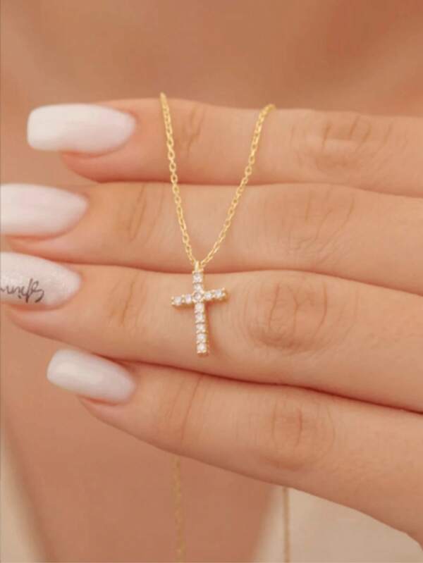 1pc Stainless Steel Zirconia Inlaid Cross Pendant Necklace, Suitable For Women's Daily Wear