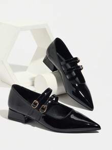 Scarpe da donna con punta affusolata e tacco largo, slip-on, adatte per primavera/autunno. Scarpe con tacco alto traspiranti per l'estate. Scarpe Mary Jane nere eleganti e comode con fibbia e finitura lucida in PU.