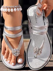 3D Floral Crystal Embellished Thong Sandals, Gold Braided Strap Design, Lightweight Non-Slip Durable, Versatile For Beach, Holiday, Daily Wear & Commute - Silver - View 6