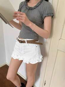 Women's Casual Denim Shorts With Ruffle Hem And Pockets - White - View 2