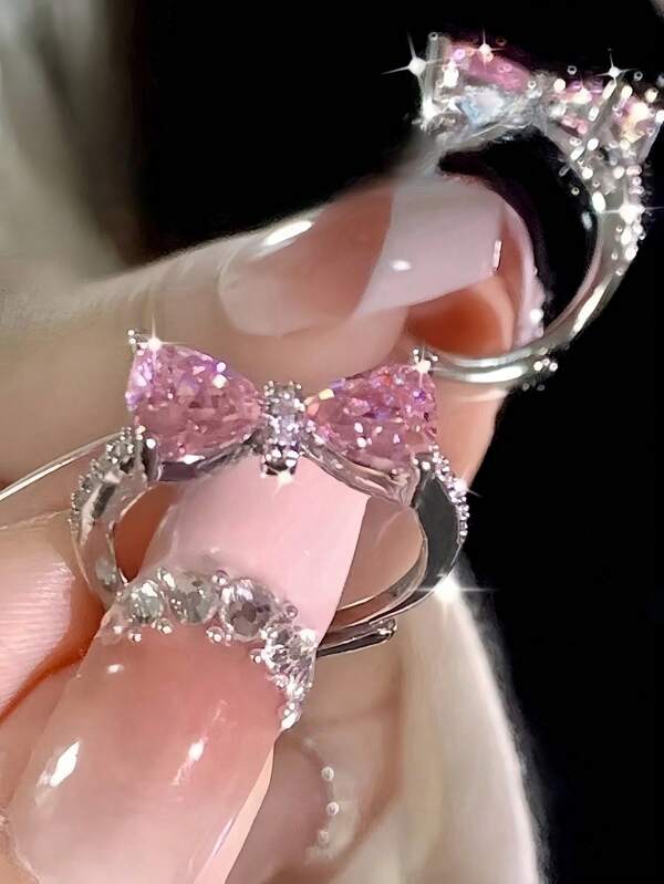 1pc Sweet & Fresh Pink Bow Adjustable Open Ring, Suitable For Women To Wear Daily, Party, And Festival Valentines,Mom,Mother,Mother's Day,Gift