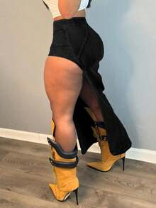 Women's Tight And Sexy Denim Skirt With Asymmetrical Slit And Pockets, Elastic Wrap Around The Hips, Tight And Fashionable Versatile Women's Denim Skirt - 黑色 - 查看 3