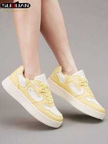 1 Pair Women's Lace-Up Casual Sneakers, New 2025 Model, Versatile Sports Shoes, Thick Sole Skateboard Shoes - Yellow - View 3