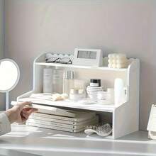 Modern Double Tier Height Lift Desktop Storage Rack - Space Saving Office Supplies And Cosmetics Organizer, Available In Two Sizes, PVC Material, Individually Designed, Maximum Load Capacity Of 6.61 Lbs. Per Tier, Workspace Organizer | Stylish Storage Solutions | Durable PVC Shelf - White/Large - View 3