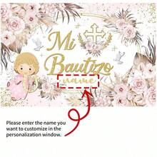 Customizable Baptism Theme Party Birthday Background Banner, Pink Floral Cute Angel God Bless First Communion Party Themed, Personalized Name Photo Celebration Activity, Customizable Home Decor