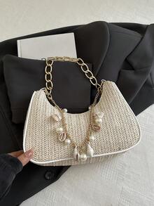 中号时尚纯色金属链条草编新月形手提包，多功能托特包，沙滩包，休闲草编包，手机袋（吊坠款式可能有所不同） - 米色 - 查看 8