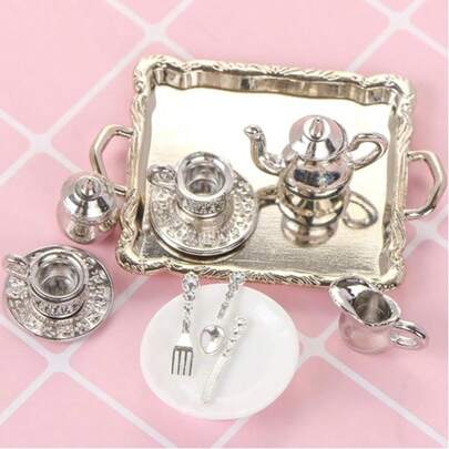 1:12迷你茶具套装，金属迷你茶壶，小茶杯，迷你娃娃，娃娃屋配件
