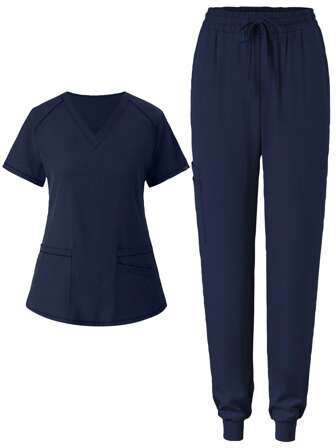 女士啞光彈力保健護士制服套裝，上下兩件套，有口袋，透氣毛刷手裝