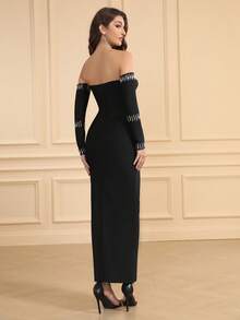 LOVE Aing Women's Black Long Sleeve Rhinestone Slit Elegant Sleeve Gown, Sexy Formal Party Dress For Wedding Guest, Cocktail, Prom