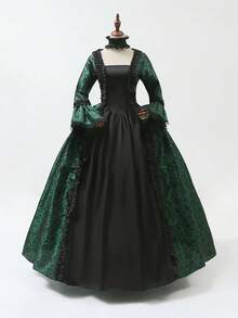 Costume Dress For The Medieval Court Revival Featuring Floral And Bird Patterns, Multi-Color Ruffled Sleeves And Square Neckline, Long Style, Formal Party Princess Elegant Dress, Suitable For Halloween, Renaissance Carnival, Wedding, And Female Historical Role-Playing With Pleated Lace Edge Umbrella Skirt - 墨綠色 - 查看 12