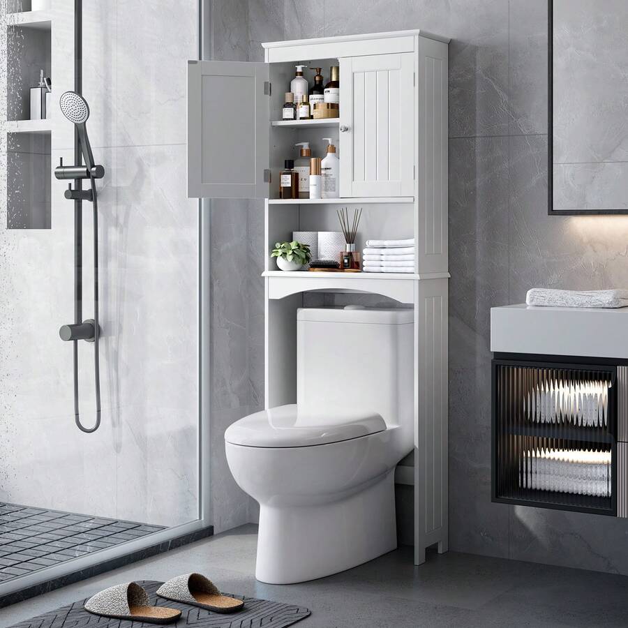 Asofer Toilet Cabinet Bathroom Storage Shelf With Cabinet, Toilet Shelf Shelf Over Toilet, Toilet Organizer Rack, Freestanding Toilet Space Saver With Adjustable Shelves, 167x60x23cm, White, Valentine's Day Ideas - 白色 - 查看 1