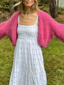 Women's Fuzzy Knit Sweater Long Lantern Sleeve Open Front Solid Color Cardigan Fall Coat - Hot Pink - View 5