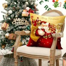 1pc/280pcs Christmas Theme Pillow Cover, Vintage Golden Santa Claus Element Pattern, Suitable For Christmas Living Room Bedroom Sofa Decor, 45x45cm Pillow Cover, Christmas Party Gathering Decor, Christmas Party Restaurant Decor, Party Atmosphere Decoration, Without Pillow Insert, Suitable For Daily, Holiday, Party, Birthday, Wedding, Dinner, Kitchen, Dining Room And Other Home Textile Decor - Vintage Golden Santa Claus - View 2