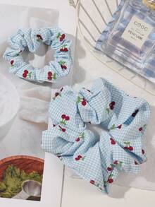 2 件套波西米亚风格针织樱桃蓝格子发圈，甜美柔软高弹力发带，适合春夏季、海滩、马尾辫夹、发圈、洗脸、发饰