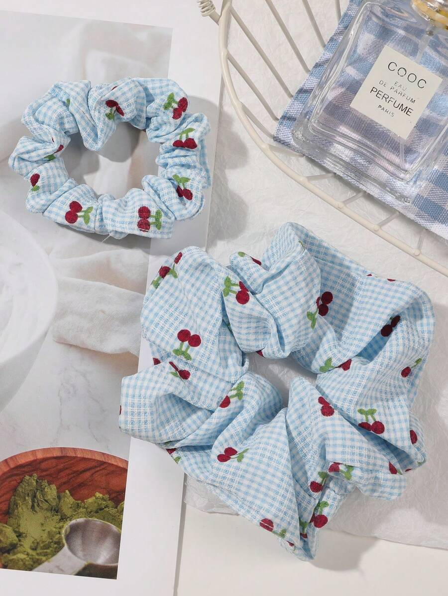 2 件套波西米亚风格针织樱桃蓝格子发圈，甜美柔软高弹力发带，适合春夏季、海滩、马尾辫夹、发圈、洗脸、发饰