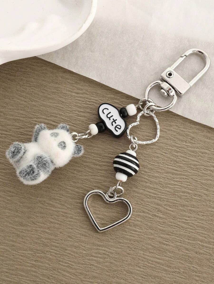 1 件男女通用植绒熊猫钥匙扣带心形吊坠可爱卡通配件适用于包背包装饰钥匙扣适用于包包汽车配件女士 - 彩色 - 查看 1