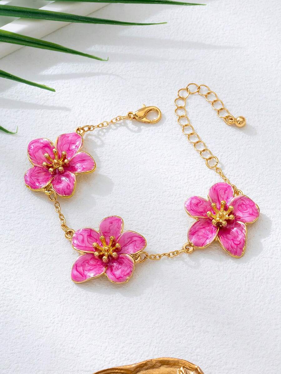 1pc Summer Vacation Style Elegant Rose Red Oil Drop Floral Design Women's Five-Leaf Flower Bracelet, Wedding Gift - Hot Pink - View 1