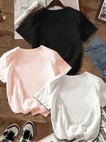 3-Pack Cherry Print T-Shirts, Short Sleeve Crew Neck Casual Tops For Summer And Spring, Women's Clothing - 混合色 - 查看 2