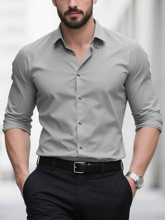 Men's Simple Solid Color Shirt, Versatile Long Sleeve Shirt For Daily Commute, Men's Business Single-Breasted Long Sleeve Shirt