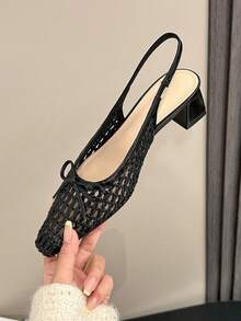 Xin Jing Shoes 女式高跟方头蝴蝶结编织时尚百搭踝带粗跟浅口鞋 - 黑色 - 查看 9