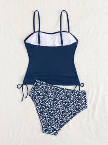 一套罗纹吊带背心和印花泳裤，高弹力，不透光，可机洗 - 女士时尚泳装 - 藏蓝色 - 查看 2