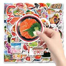 64 件/包可爱水彩日本旅行复古浪漫怀旧神秘美学涂鸦贴纸，可爱卡通趣味动漫美学标签贴纸适用于乐器装饰剪贴簿自粘文具卡片信封节日礼物青少年派对用品奖励激励，适用于学校用品，返校