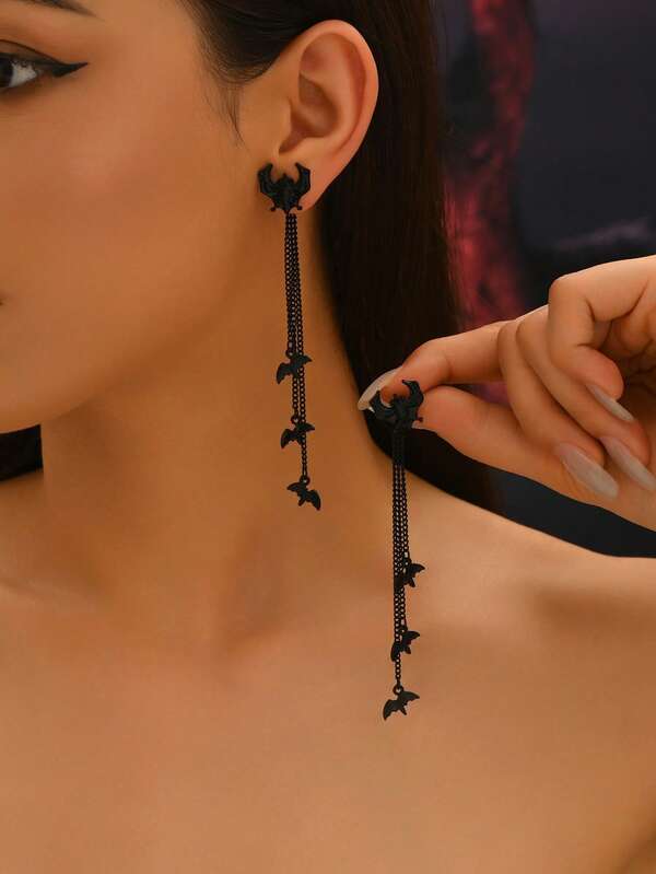 1 par de pendientes de estilo gótico con murciélago, cadena y borla, pendientes largos para fiesta de Halloween, reunión festiva