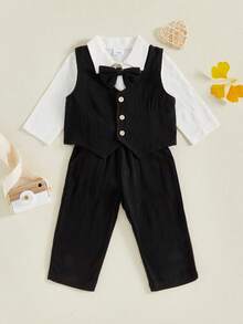 Conjuntos de pantalones de 3 piezas de otoño para bebés niños, conjuntos de pantalones con tirantes y chaleco con solapa y botones de manga larga - Negro - Ver 3