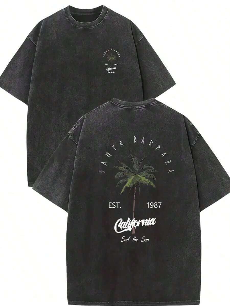 2026 Summer Tops Men's Retro California Style Cotton T-Shirt-"Est.1989" Coconut Tree Design, Short Sleeves, Round Neck, Casual Summer Clothes, Machine Washable, Summer Casual Clothes | TiedyeT T-Shirt Back Design, Retro T-Shirt.Loose And Comfortablesummer Clothes - màu đen - Xem 1