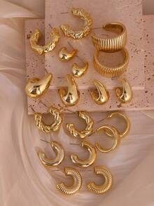 6/18件套厚实金圈形耳环套装，低过敏性厚圆圈形耳环，多款亚克力金耳环套装，时尚百搭ins风，理想的日常佩戴礼物，送给亲朋好友 - 金色 - 查看 2