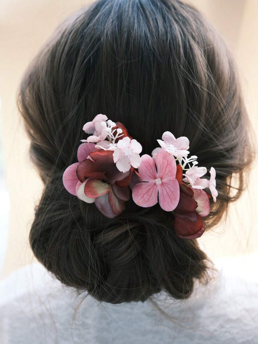 2个紫色人造花优雅新娘发夹，适合婚礼、派对、生日、摄影、度假、情人节等场合佩戴 - 酒紅色 - 查看 1