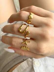 Nhẫn thép không gỉ mạ vàng, bản dày, kiểu dáng bất đối xứng, trang sức hình sinh vật biển, thích hợp cho mùa hè. - vàng vàng - Xem 5