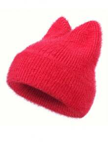 Gestrickte Mütze für Damen mit niedlichen Katzenohren, warmer Beanie, dehnbare Strickkomposition, lässige Outdoor-Mode, einfarbig, Polyester, Herbst/Winter