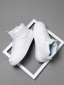 Men's High-Top Flat Sports Shoes, Lace-Up Solid Color Men's Outdoor Skate Shoes, 2024 New Casual Shoes For Men, Suitable For Outdoor Activities, Dating, All Seasons - White - View 1