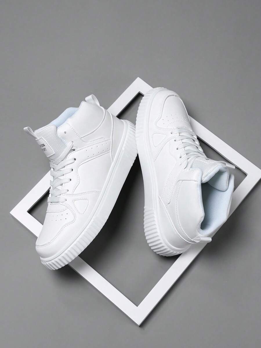 Men's High-Top Flat Sports Shoes, Lace-Up Solid Color Men's Outdoor Skate Shoes, 2024 New Casual Shoes For Men, Suitable For Outdoor Activities, Dating, All Seasons - White - View 1