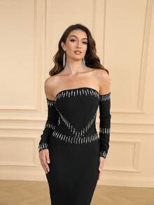 LOVE Aing Women's Black Long Sleeve Rhinestone Slit Elegant Sleeve Gown, Sexy Formal Party Dress For Wedding Guest, Cocktail, Prom