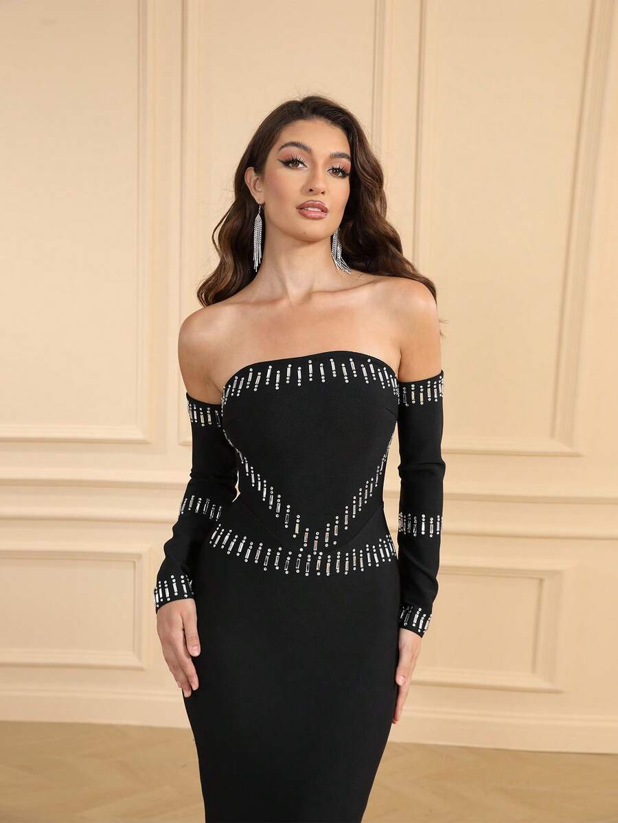LOVE Aing Women's Black Long Sleeve Rhinestone Slit Elegant Sleeve Gown, Sexy Formal Party Dress For Wedding Guest, Cocktail, Prom